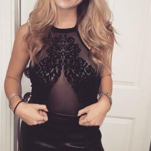 Mesh bodysuit with velvet detailing